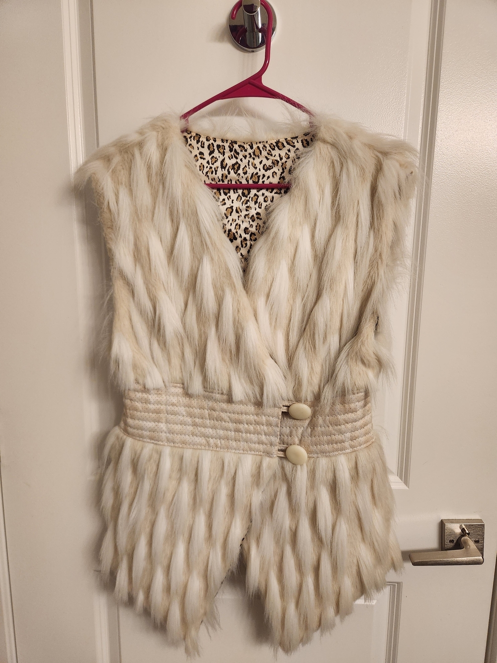 Cream Faux Fur Belted Vest with Leopard Lining